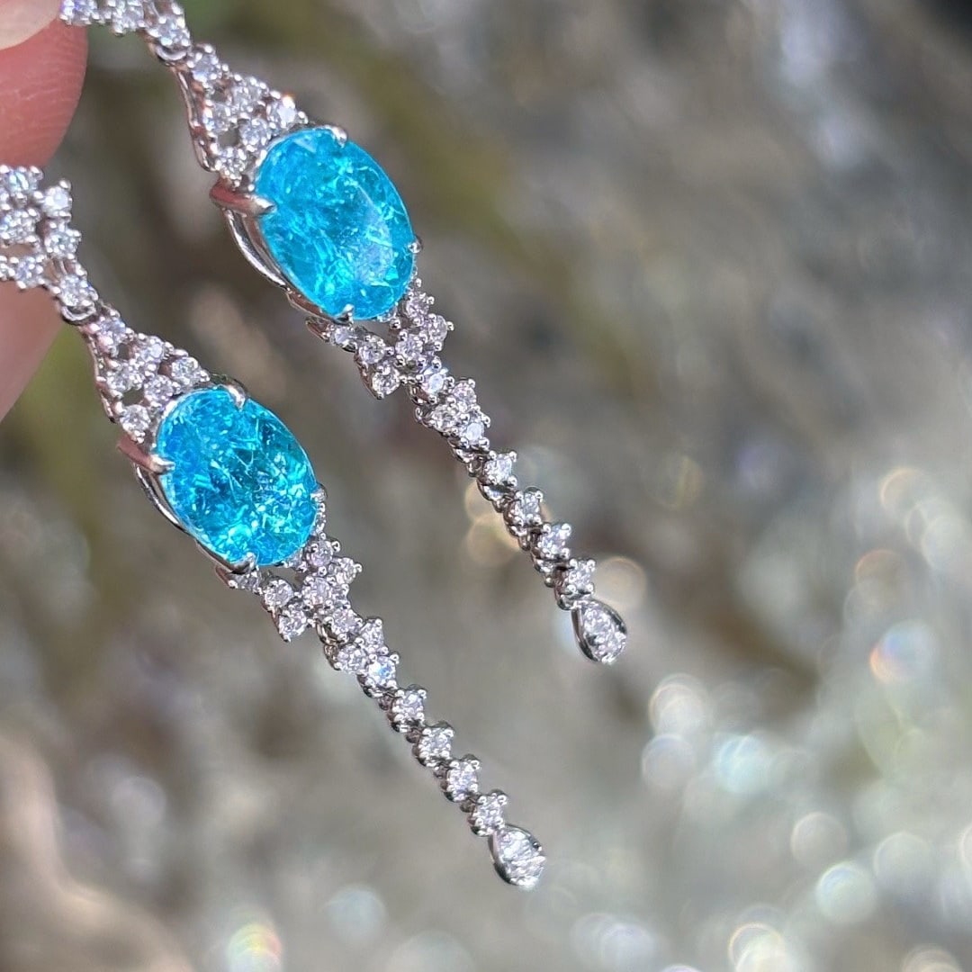 14k Gold 1.5 Ct Natural Paraiba Tourmaline & Diamond Earrings - 4