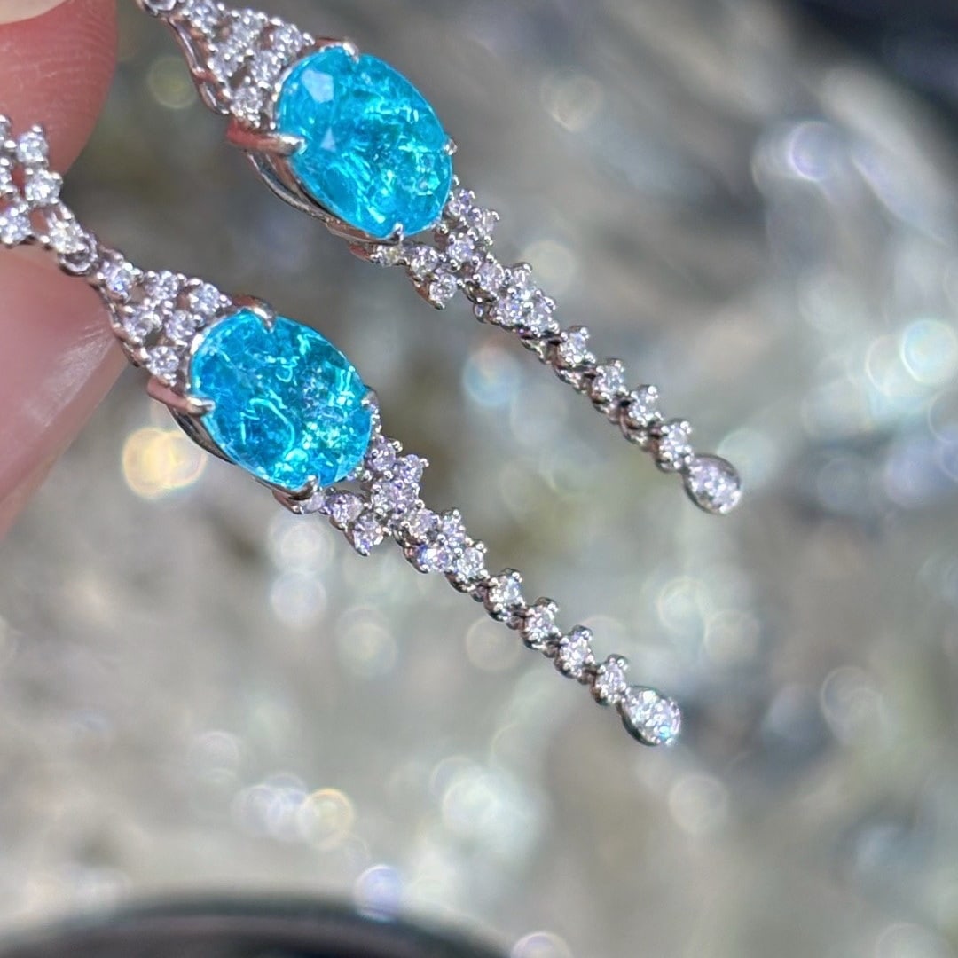 14k Gold 1.5 Ct Natural Paraiba Tourmaline & Diamond Earrings - 5