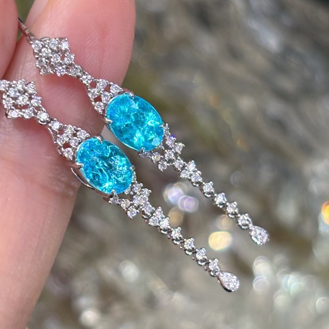 14k Gold 1.5 Ct Natural Paraiba Tourmaline & Diamond Earrings - 6