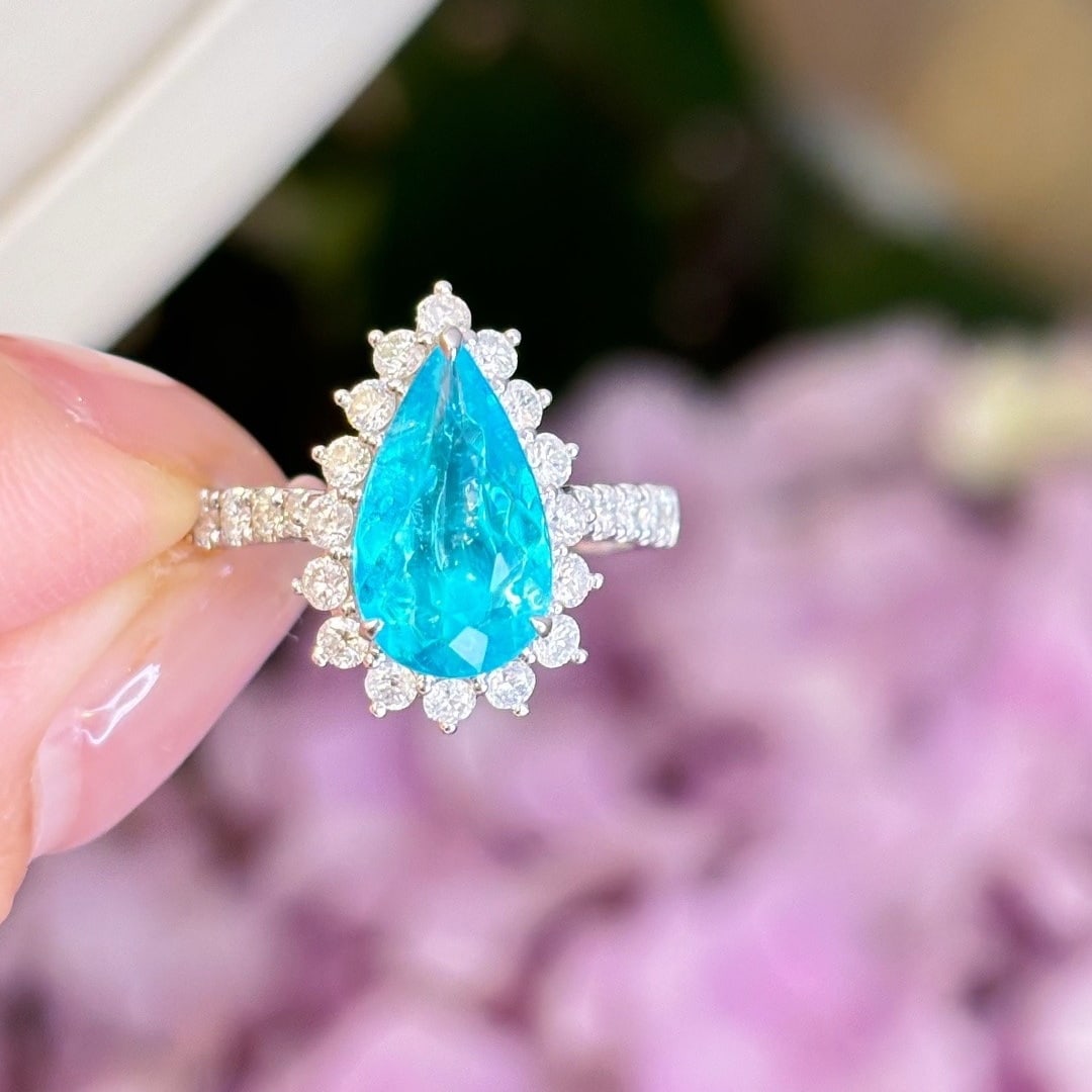 14k Gold 1.57 Ct Natural Paraiba Tourmaline & Diamond Ring - 2