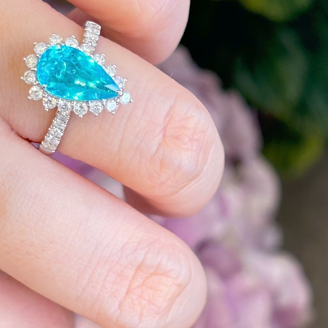 14k Gold 1.57 Ct Natural Paraiba Tourmaline & Diamond Ring - 7
