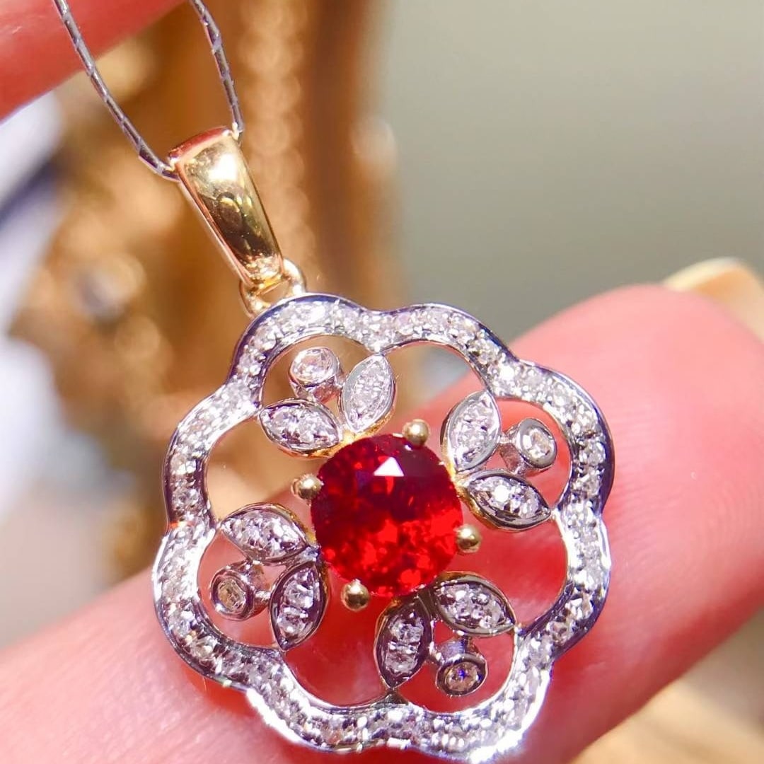 14k Gold 0.96 Ctw Natural Ruby & Diamond Pendant( Without Chain ): Ref:231178280 // gold content:14k gold // main gemstone:ruby // shape:oval // carat weight:0. 7ct // color:red // treatment:natural // // adjacent gemstone 2 : diamond // shape:round // carat