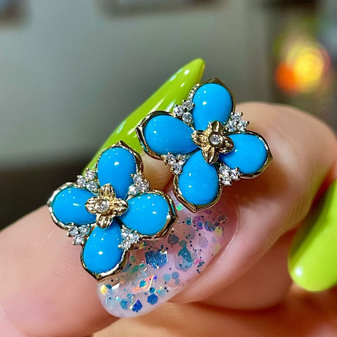 14k Gold 3.41 Ctw Natural Blue Turquoise & Diamond Earrings - 2