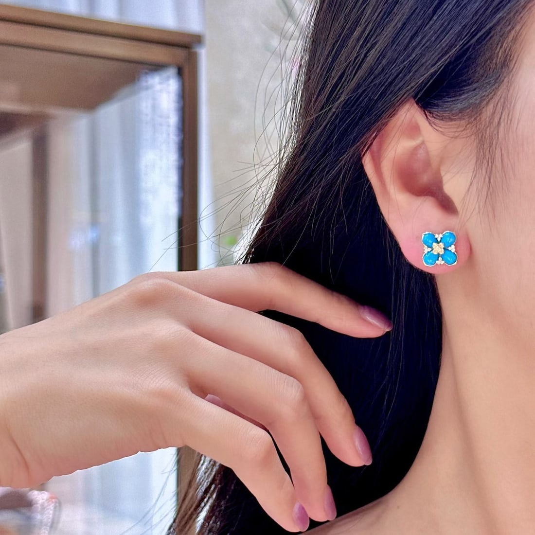 14k Gold 3.41 Ctw Natural Blue Turquoise & Diamond Earrings - 3