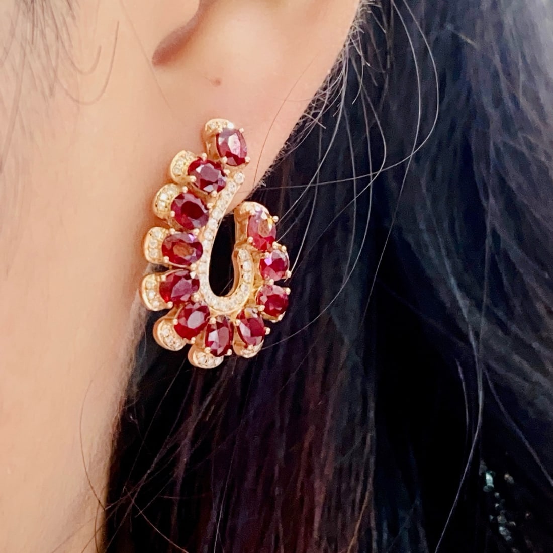 14k Gold 7.45 Ct Natural Ruby & Diamond Earrings - 4