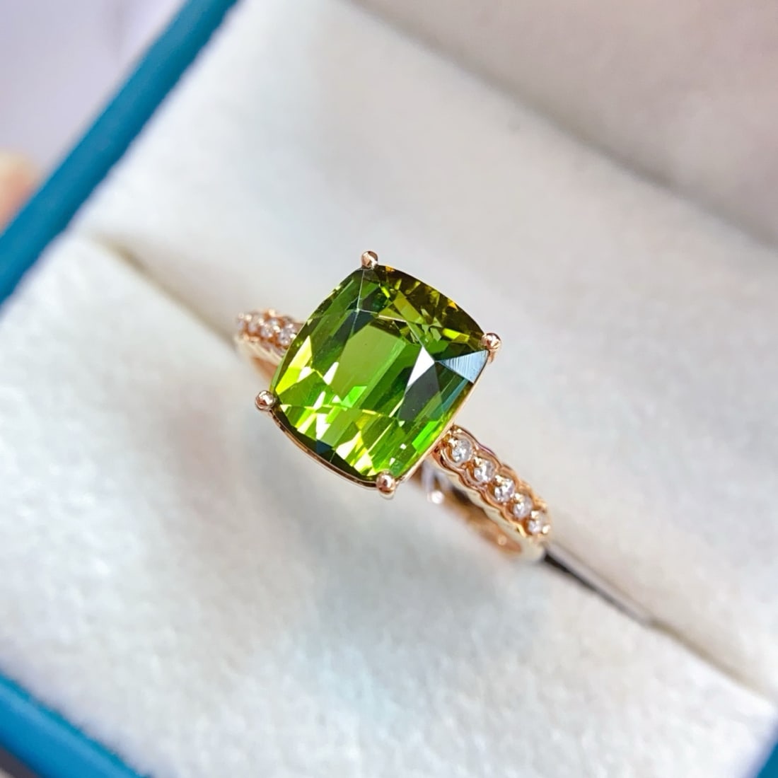 14k Gold 3.15 Ctw Natural Tourmaline & Diamond Ring: Ref:231178368 // gold content:14k gold // ring size:7. 25us // // main gemstone:tourmaline // shape:cushion // carat weight:3. 1ct // color:green // treatment:natural // // adjacent gemstone 2 :