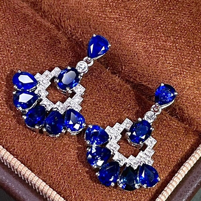 14k Gold 3.9 Ct Natural Sapphire & Diamond Earrings - 2