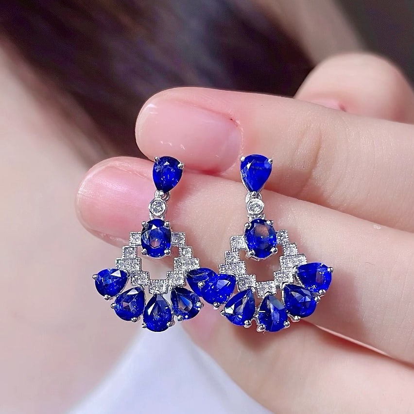 14k Gold 3.9 Ct Natural Sapphire & Diamond Earrings - 4