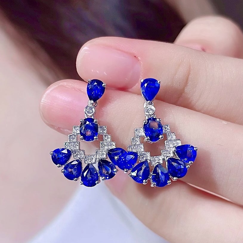 14k Gold 3.9 Ct Natural Sapphire & Diamond Earrings - 5