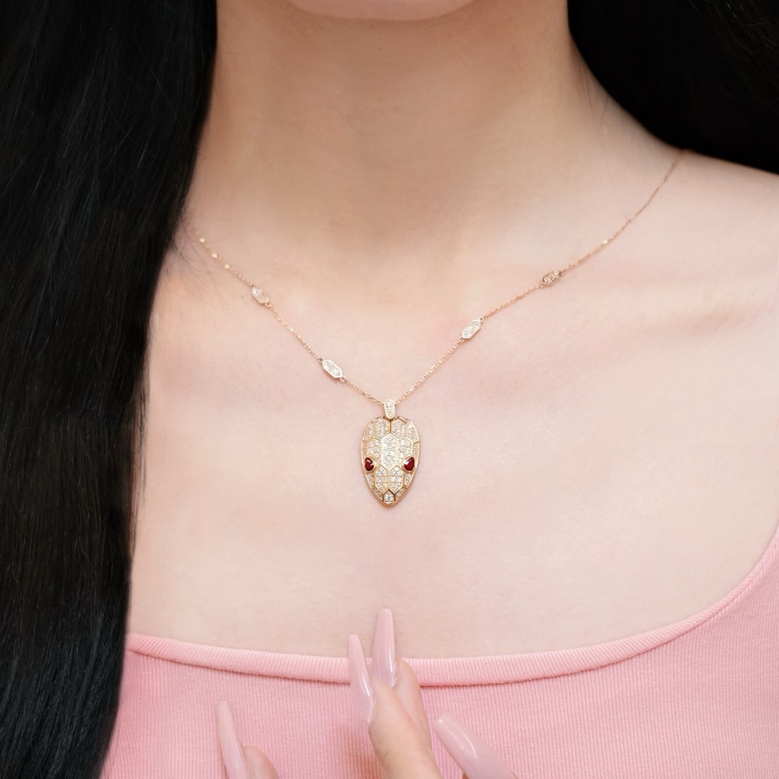 14k Gold 1.76 Ctw Natural Ruby & Diamond & Snake Necklace - 5