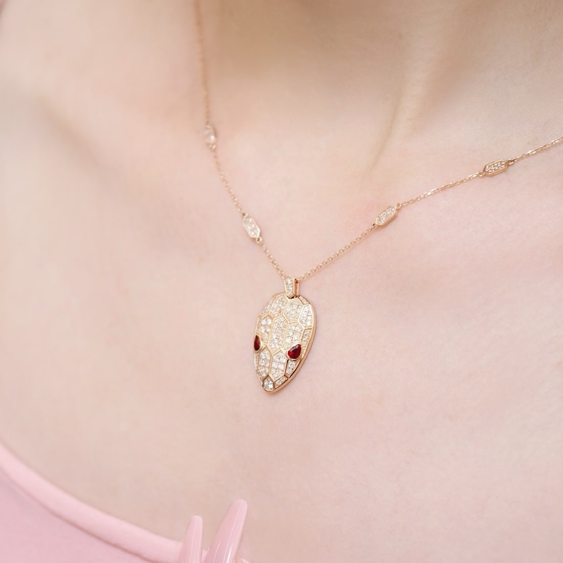 14k Gold 1.76 Ctw Natural Ruby & Diamond & Snake Necklace - 6