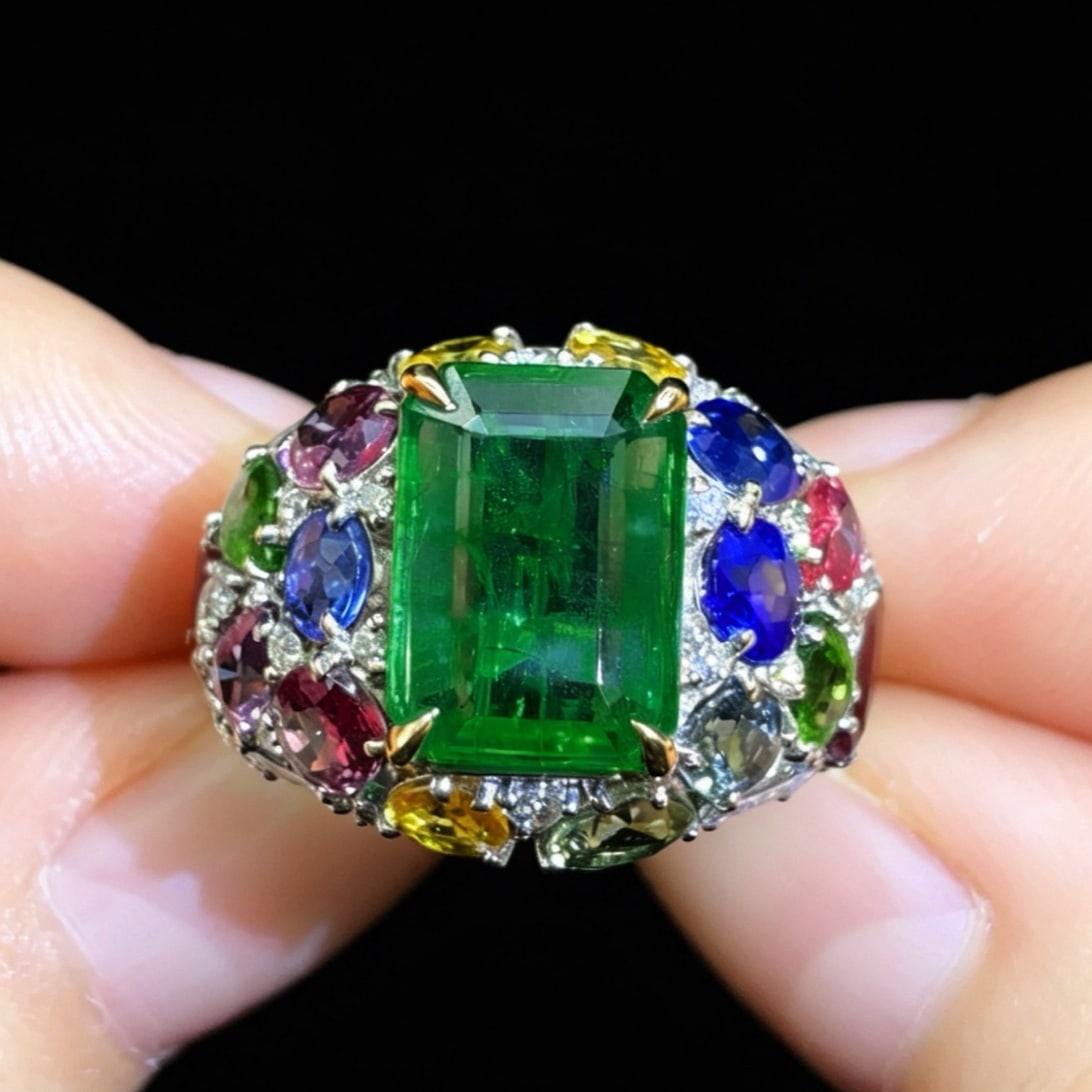 14k Gold 4.90 Ctw Natural Emerald & Diamond Ring: Ref:231179003 // gold content:14k gold // ring size:7. 25us // // main gemstone:emerald // shape:octagonal // carat weight:3. 77ct // color:green // treatment:natural // // adjacent gemstone 2 :