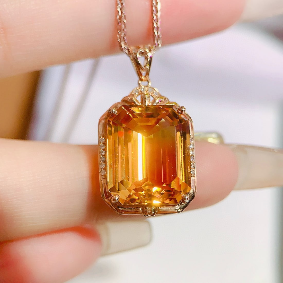 14k Gold 9.95 Ctw Natural Citrine & Diamond Pendant( Without Chain ) - 4