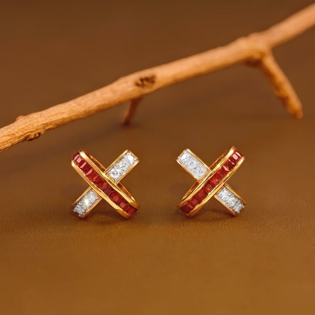 14k Gold 0.56 Ctw Natural Ruby & Diamond Earrings: Ref:231179042 // gold content:14k gold // main gemstone:ruby // shape:princess // carat weight:0. 42ct // color:red // treatment:natural // // adjacent gemstone 2 : diamond // shape:round // carat