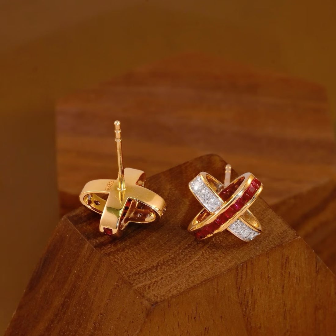 14k Gold 0.56 Ctw Natural Ruby & Diamond Earrings - 3
