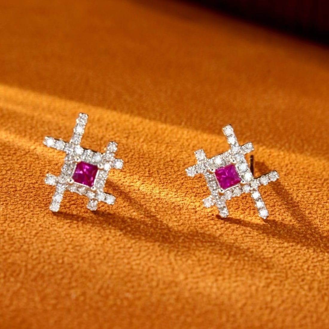 14k Gold 0.48 Ctw Natural Ruby & Diamond Earrings: Ref:231179045 // gold content:14k gold // main gemstone:ruby // shape:princess // carat weight:0. 26ct // color:red // treatment:natural // // adjacent gemstone 2 : diamond // shape:round // carat