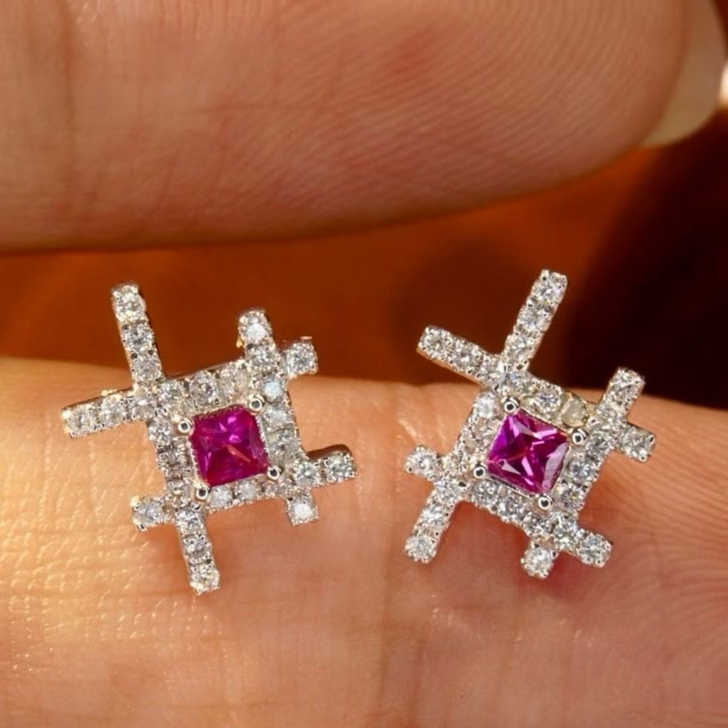 14k Gold 0.48 Ctw Natural Ruby & Diamond Earrings - 5