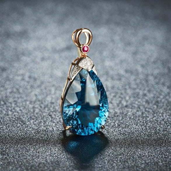 14k Gold 21.45 Ct Natural Topaz & Diamond & Ruby Pendant( Without Chain ) - 2