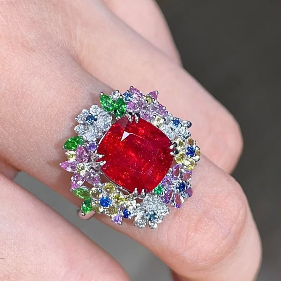 14k Gold 4.89 Ctw Natural Tourmaline & Coloured Gemstone Ring: Ref:231179061 // gold content:14k gold // ring size:7. 25us // // main gemstone:tourmaline // shape:cushion // carat weight:3. 76ct // color:red // treatment:natural // // adjacent gemstone 2 :