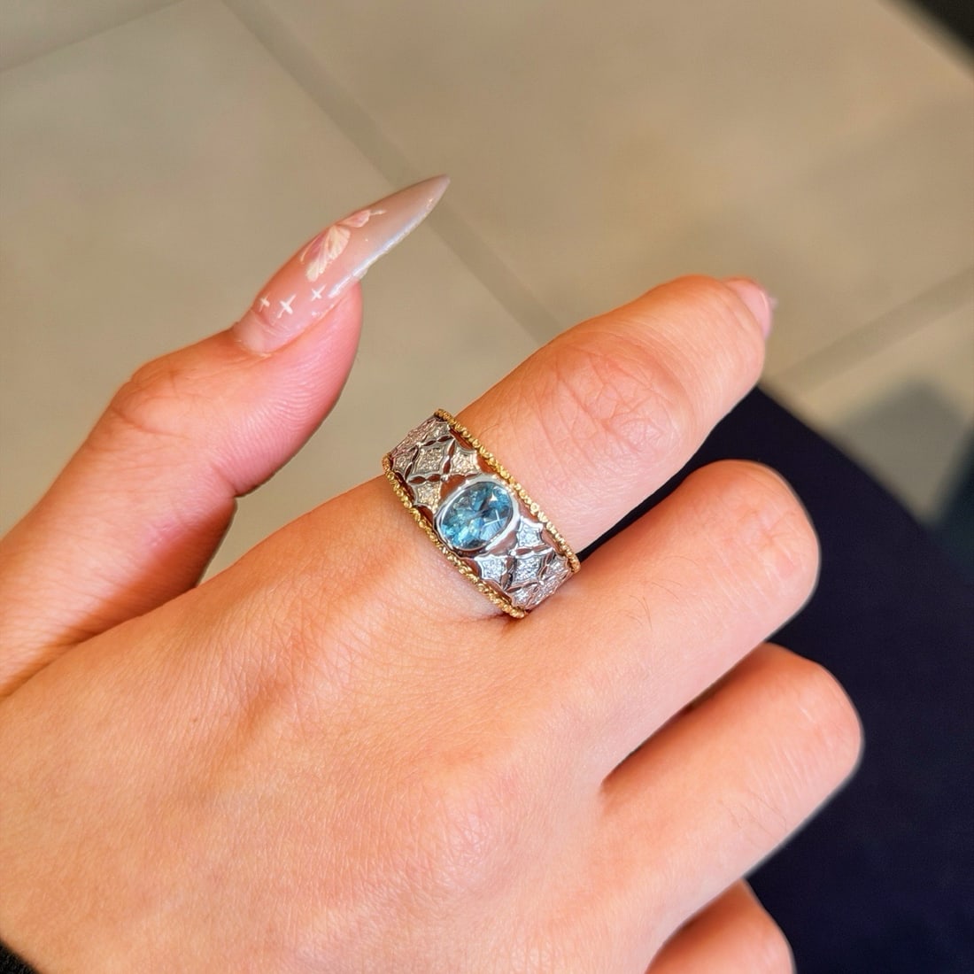 14k Gold 0.74 Ct Natural Aquamarine & Diamond Ring - 4