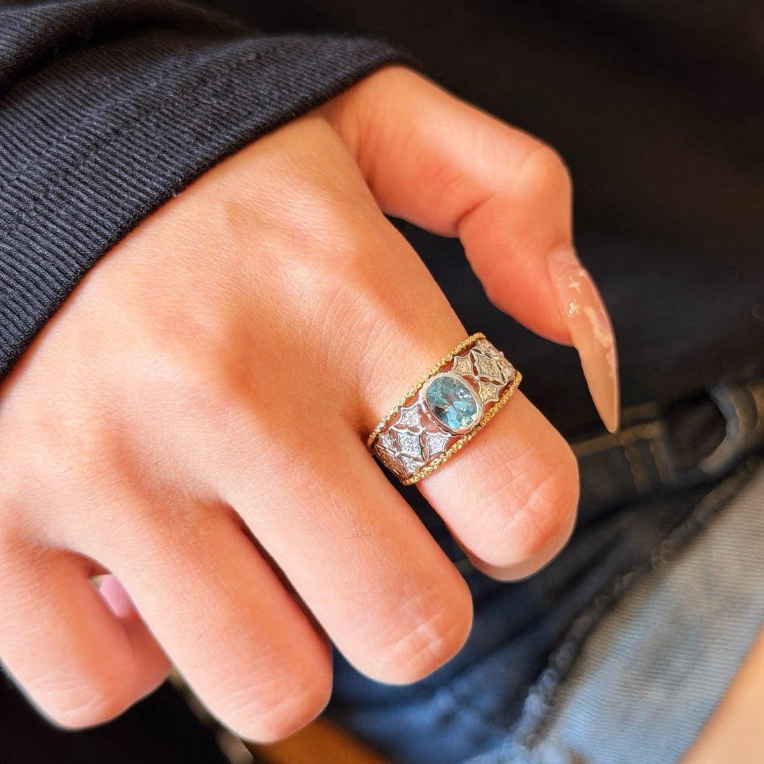 14k Gold 0.74 Ct Natural Aquamarine & Diamond Ring - 5