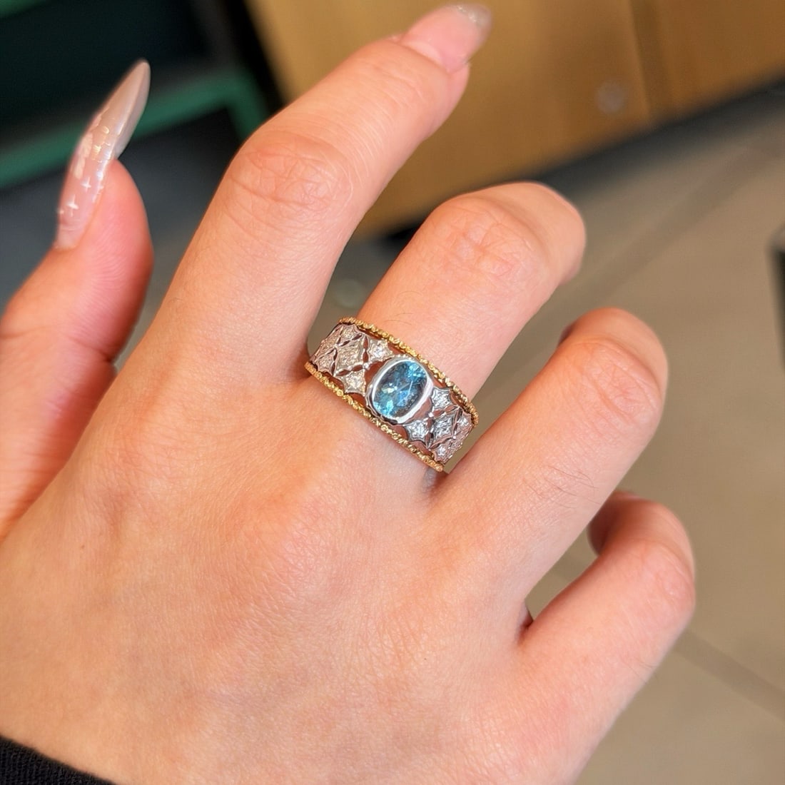 14k Gold 0.74 Ct Natural Aquamarine & Diamond Ring - 6