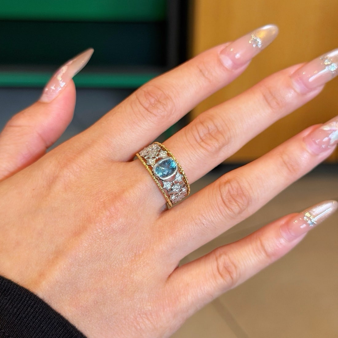 14k Gold 0.74 Ct Natural Aquamarine & Diamond Ring - 7