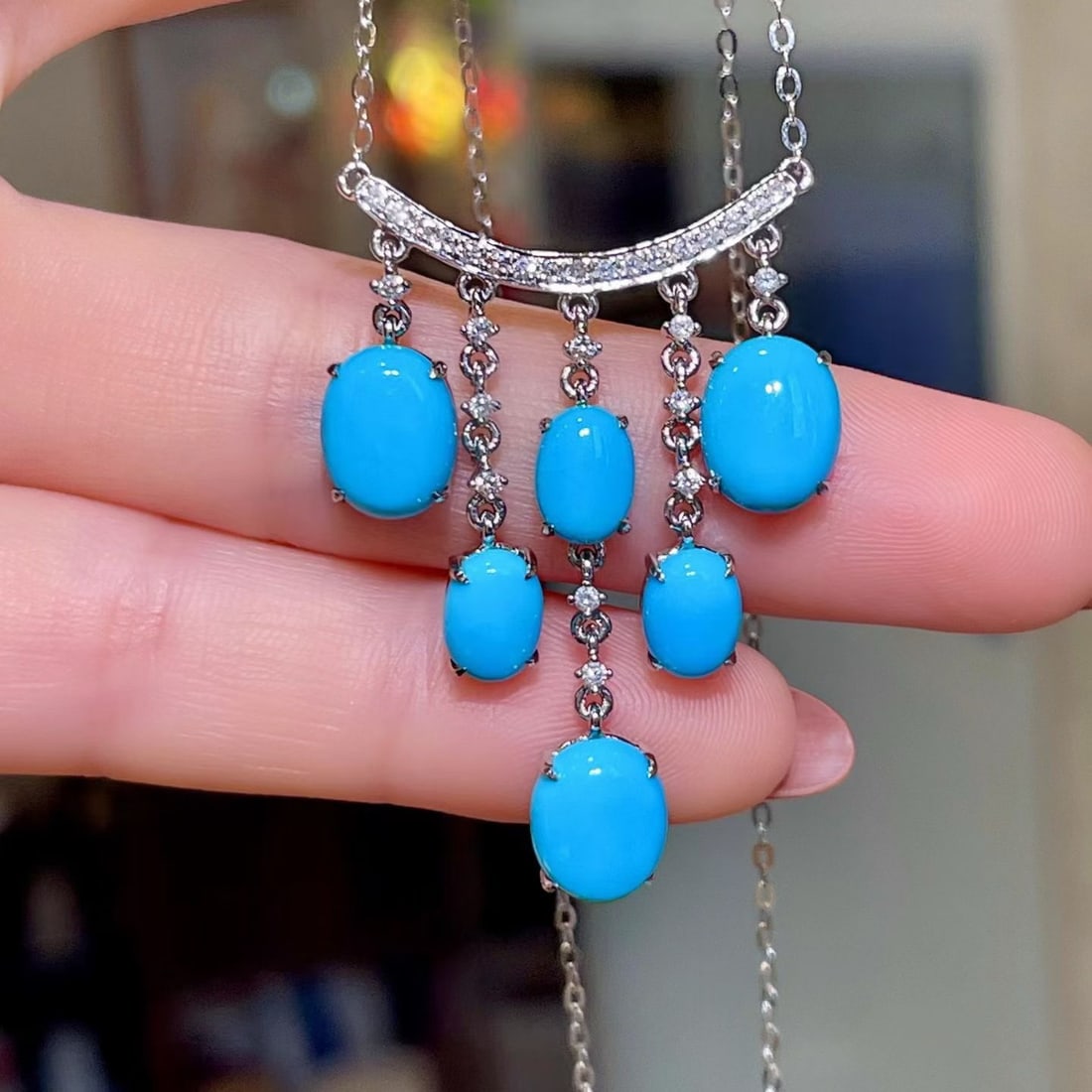 14k Gold 7.73 Ctw Natural Blue Turquoise & Diamond Necklace - 2
