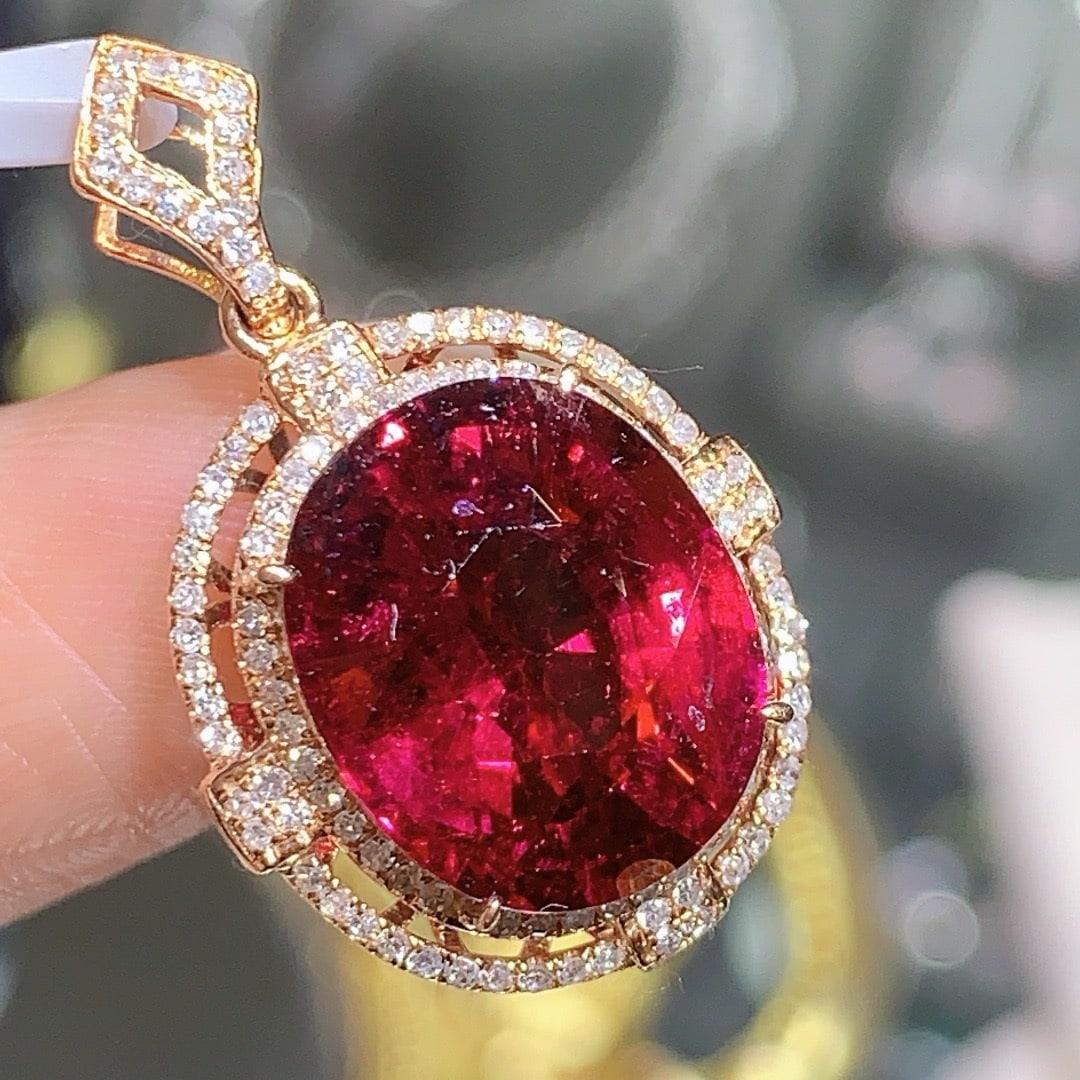 14k Gold 8.04 Ct Natural Tourmaline & Diamond Pendant( Without Chain ) - 2