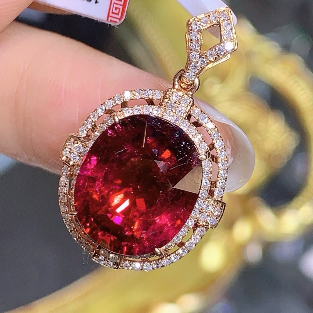 14k Gold 8.04 Ct Natural Tourmaline & Diamond Pendant( Without Chain ) - 3