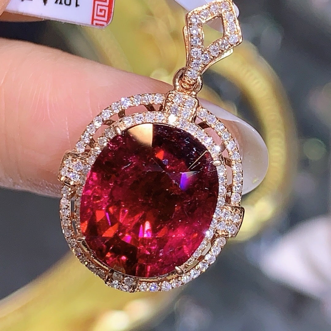 14k Gold 8.04 Ct Natural Tourmaline & Diamond Pendant( Without Chain ) - 4