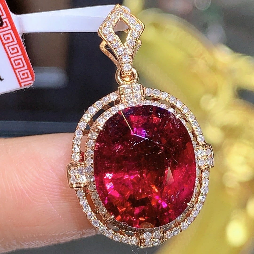 14k Gold 8.04 Ct Natural Tourmaline & Diamond Pendant( Without Chain ) - 6
