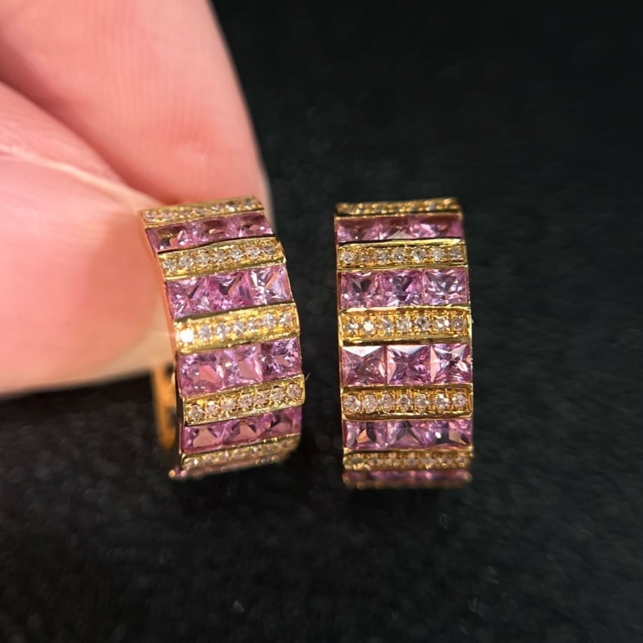 14k Gold 3.10 Ct Natural Sapphire & Diamond Earrings: Ref:231179082 // gold content:14k gold // main gemstone:sapphire // shape:princess // carat weight:3. 10ct // color:pink // treatment:natural // // adjacent gemstone 2 : diamond // number of