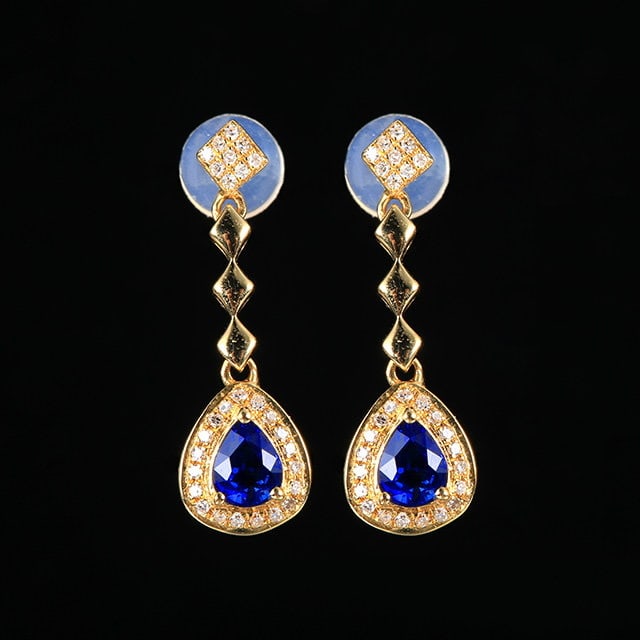 14k Gold 0.78 Ctw Natural Sapphire & Diamond Earrings: Ref:231179083 // gold content:14k gold // main gemstone:sapphire // shape:pear // carat weight:0. 63ct // color:blue // treatment:natural // // adjacent gemstone 2 : diamond // number of stones:54 // 