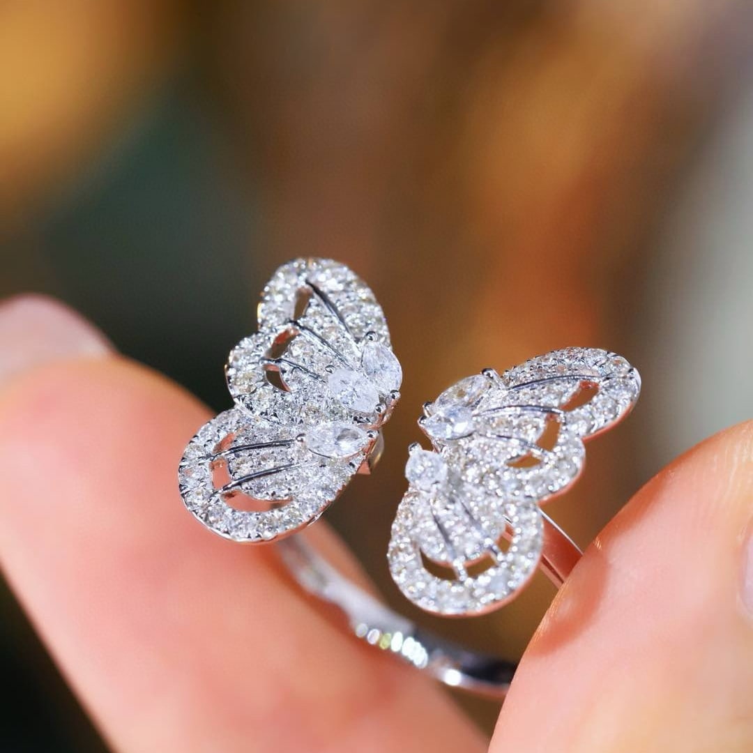 14k Gold 0.9 Ct Natural H Diamond & Butterfly Ring - 4