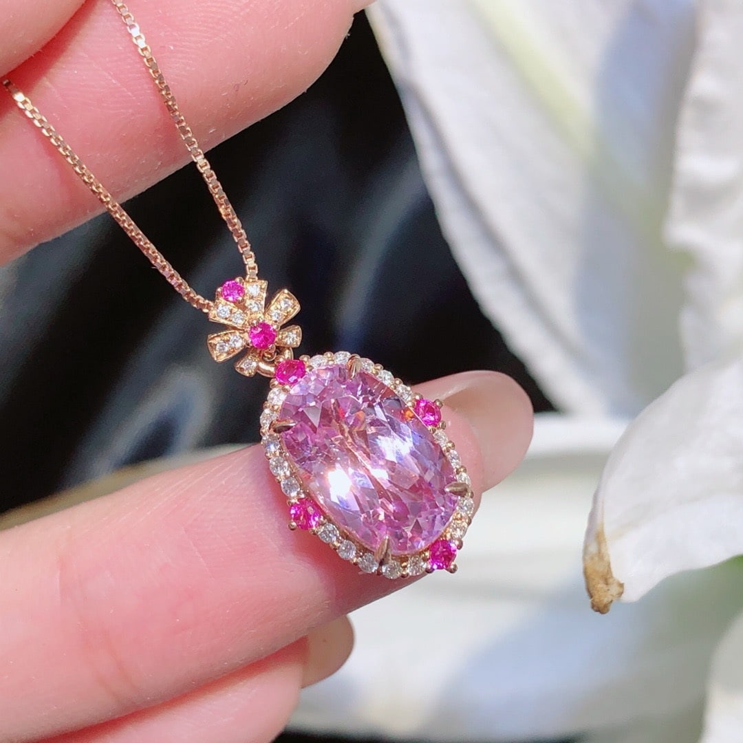 14k Gold 5.3 Ct Natural Kunzite & Diamond Pendant( Without Chain ) - 4