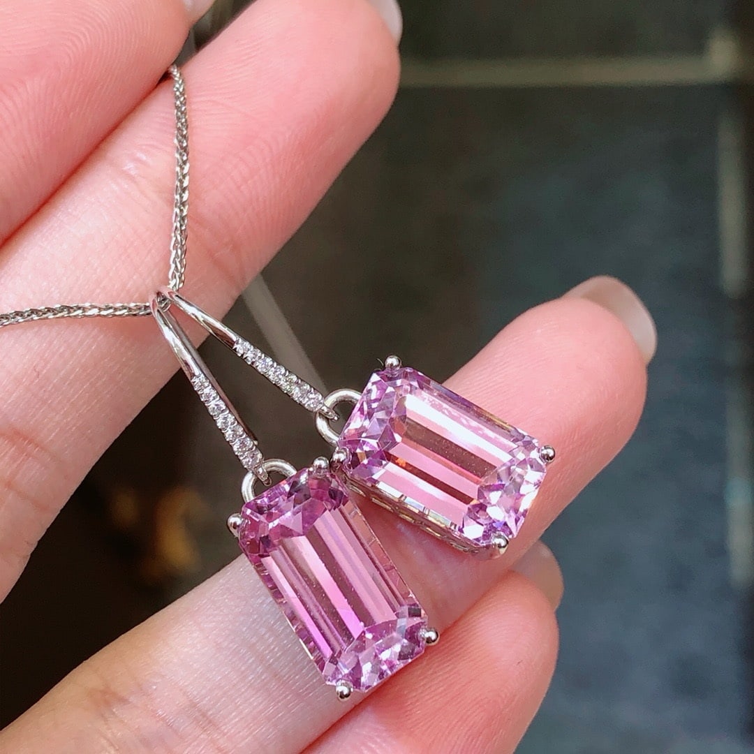 14k Gold 16.23 Ctw Natural Kunzite & Diamond Earrings - 4
