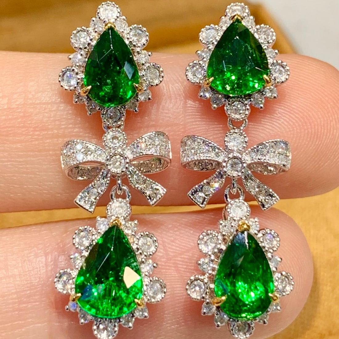 14k Gold 4.2 Ct Vivid Green Natural Tsavorite & Diamond Earrings - 4