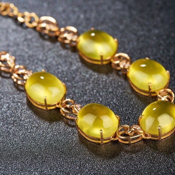 14k Gold 22.5 Ct Natural Prehnite & Diamond Bracelet - 6