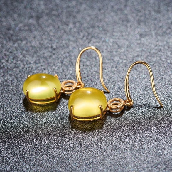 14k Gold 9.25 Ct Natural Prehnite & Diamond Earrings - 4