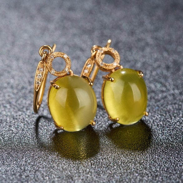14k Gold 9.25 Ct Natural Prehnite & Diamond Earrings - 7