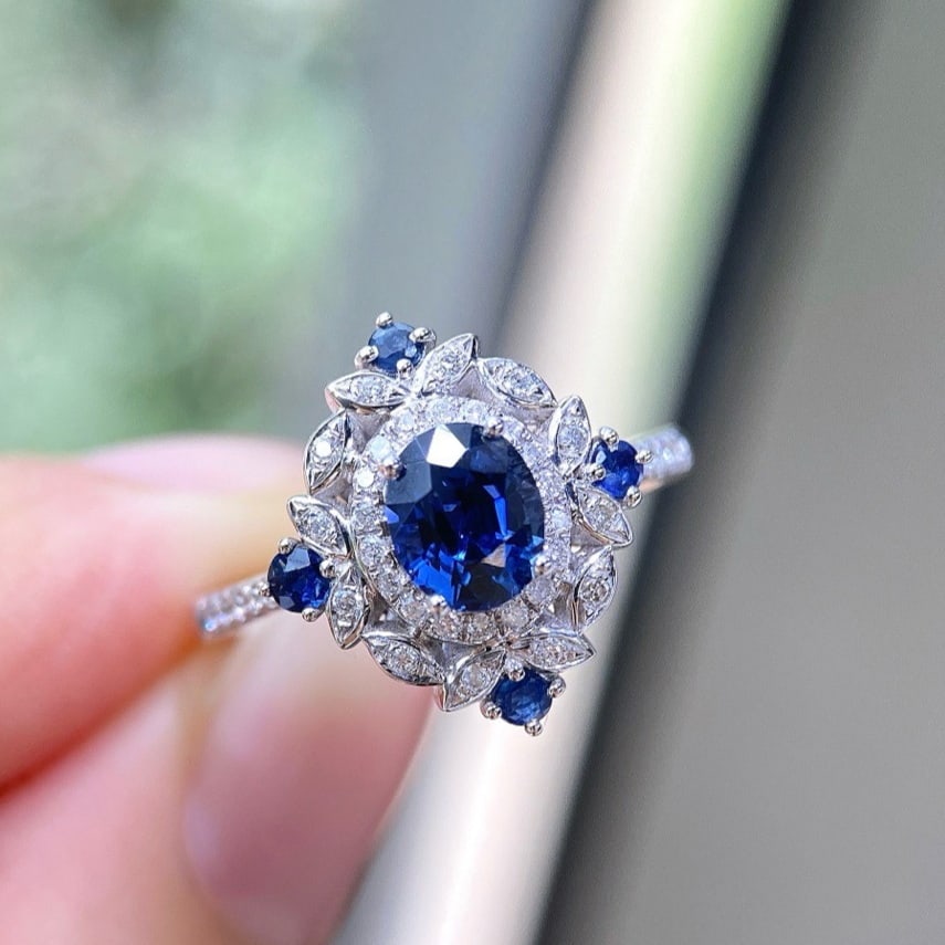 14k Gold 1.46 Ctw Natural Sapphire & Diamond Ring: Ref:231179138 // gold content:14k gold // ring size:7. 25us // // main gemstone:sapphire // shape:oval // carat weight:1. 25ct // color:blue // treatment:natural // // adjacent gemstone 2 : diamond
