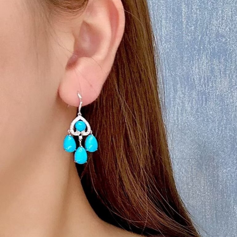 14k Gold 9.22 Ctw Natural Blue Turquoise & Diamond Earrings - 2
