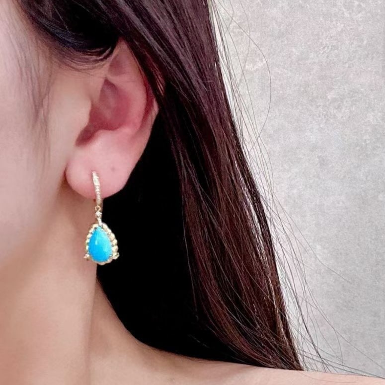 14k Gold 5.63 Ctw Natural Blue Turquoise & Diamond Earrings - 4