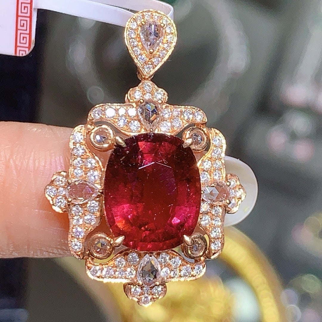 14k Gold 5.2 Ct Natural Tourmaline & Diamond & Sapphire Pendant( Without Chain ) - 2