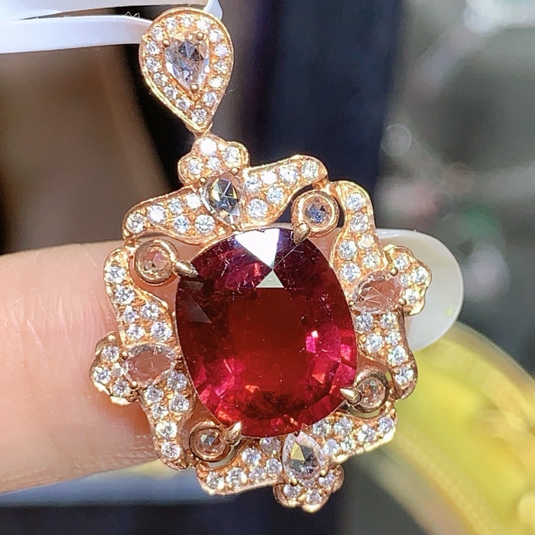 14k Gold 5.2 Ct Natural Tourmaline & Diamond & Sapphire Pendant( Without Chain ) - 3