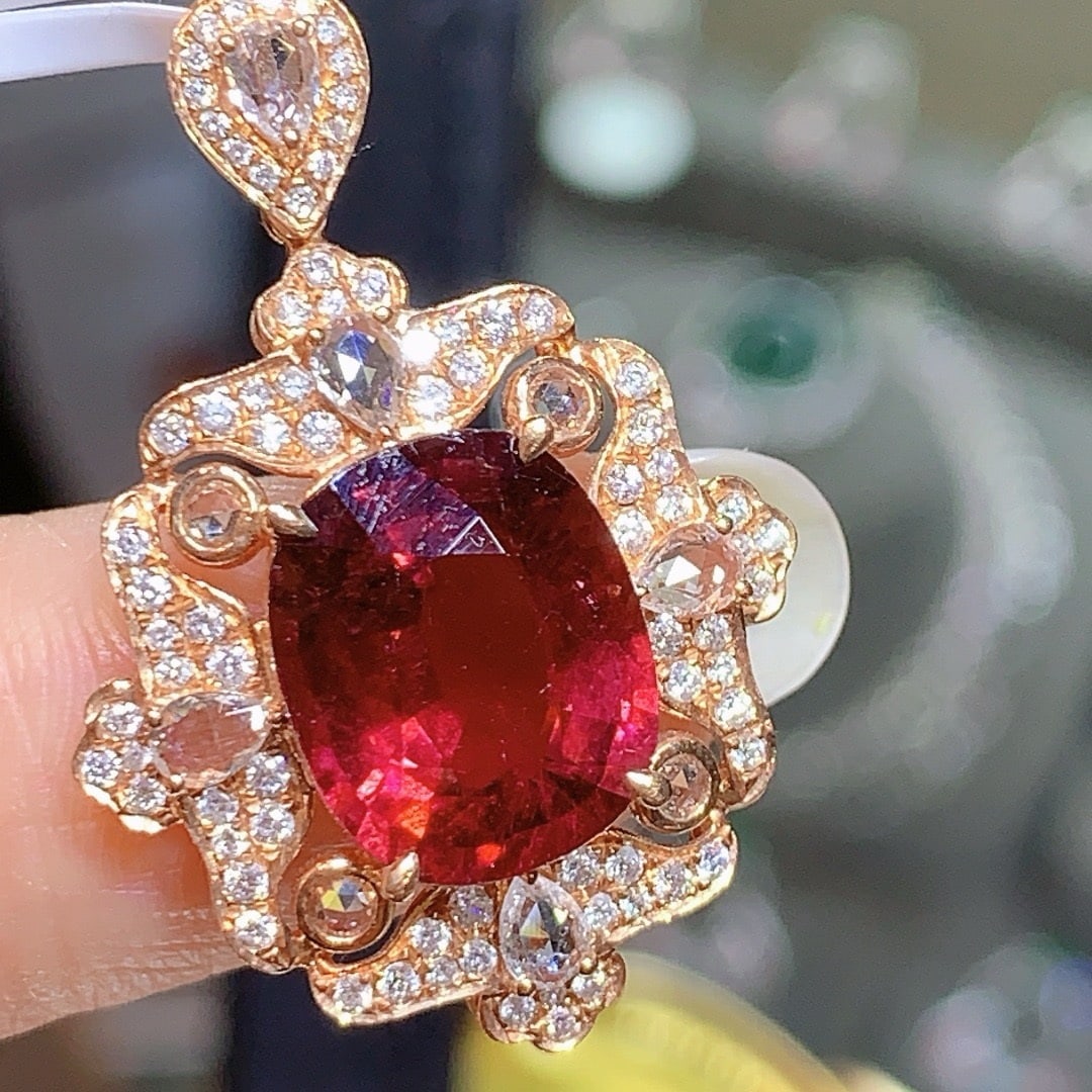 14k Gold 5.2 Ct Natural Tourmaline & Diamond & Sapphire Pendant( Without Chain ) - 4