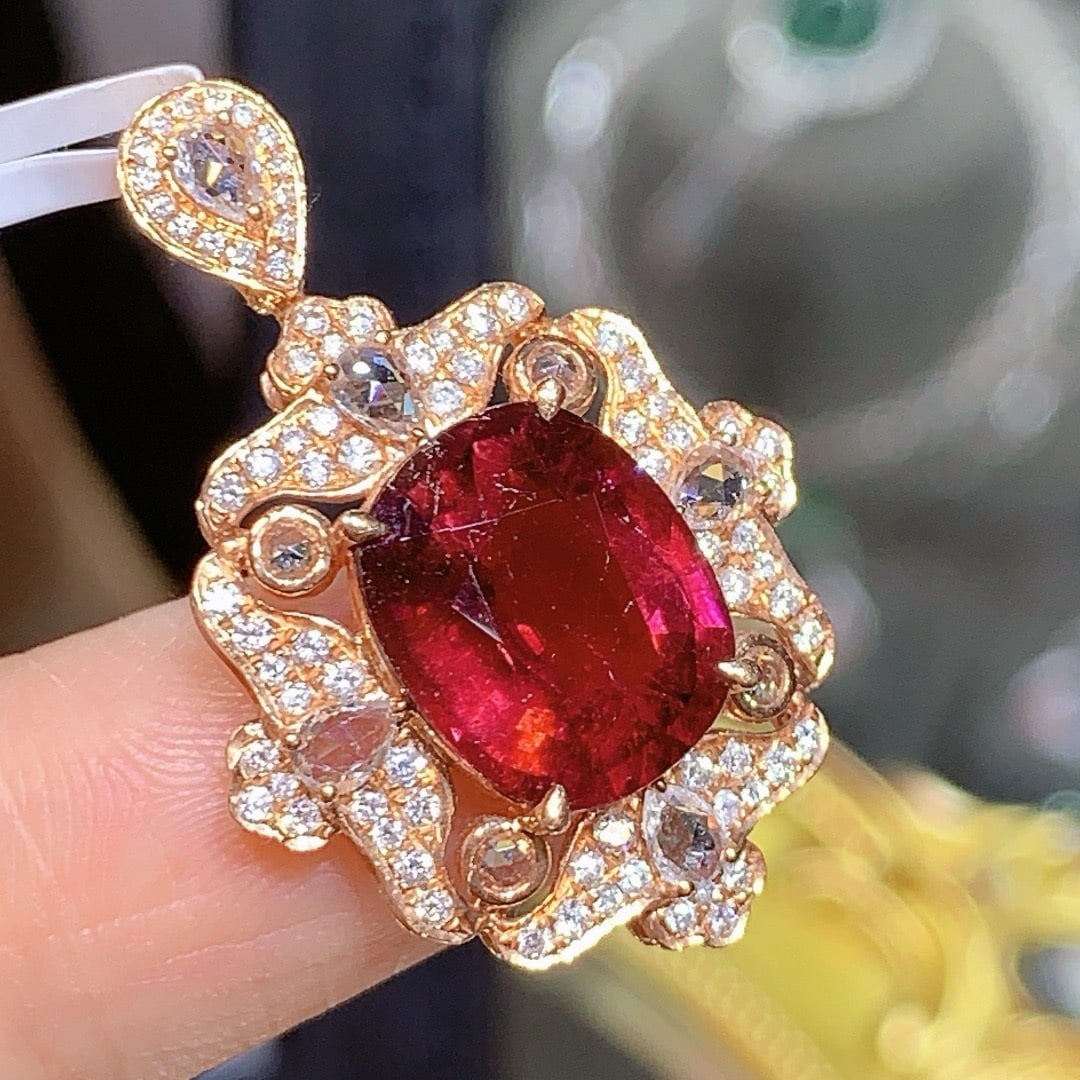 14k Gold 5.2 Ct Natural Tourmaline & Diamond & Sapphire Pendant( Without Chain ) - 5