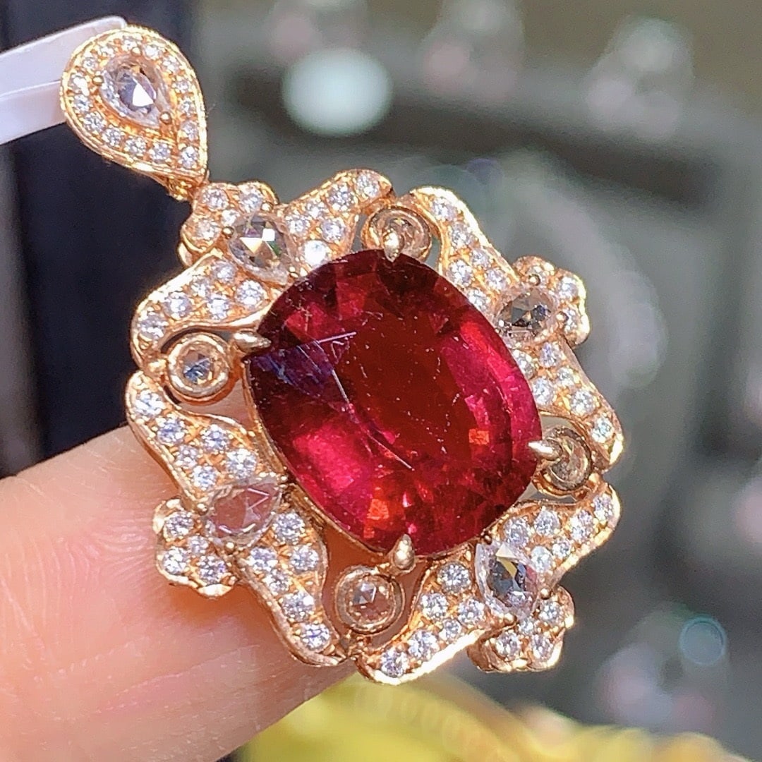 14k Gold 5.2 Ct Natural Tourmaline & Diamond & Sapphire Pendant( Without Chain ) - 6