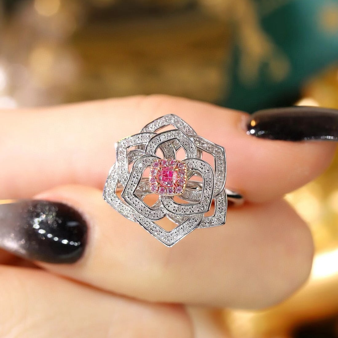 14k Gold 0.65 Ctw Natural Pink Diamond & Diamond & Flowers Ring - 5